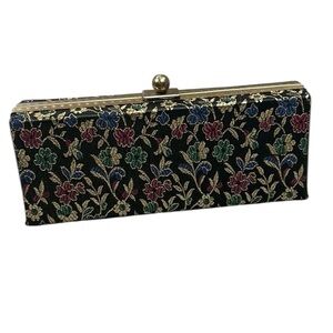 Vintage 50’s Barbara Bates 24kt Gold Plated Trim Floral and Gold Damask Clutch